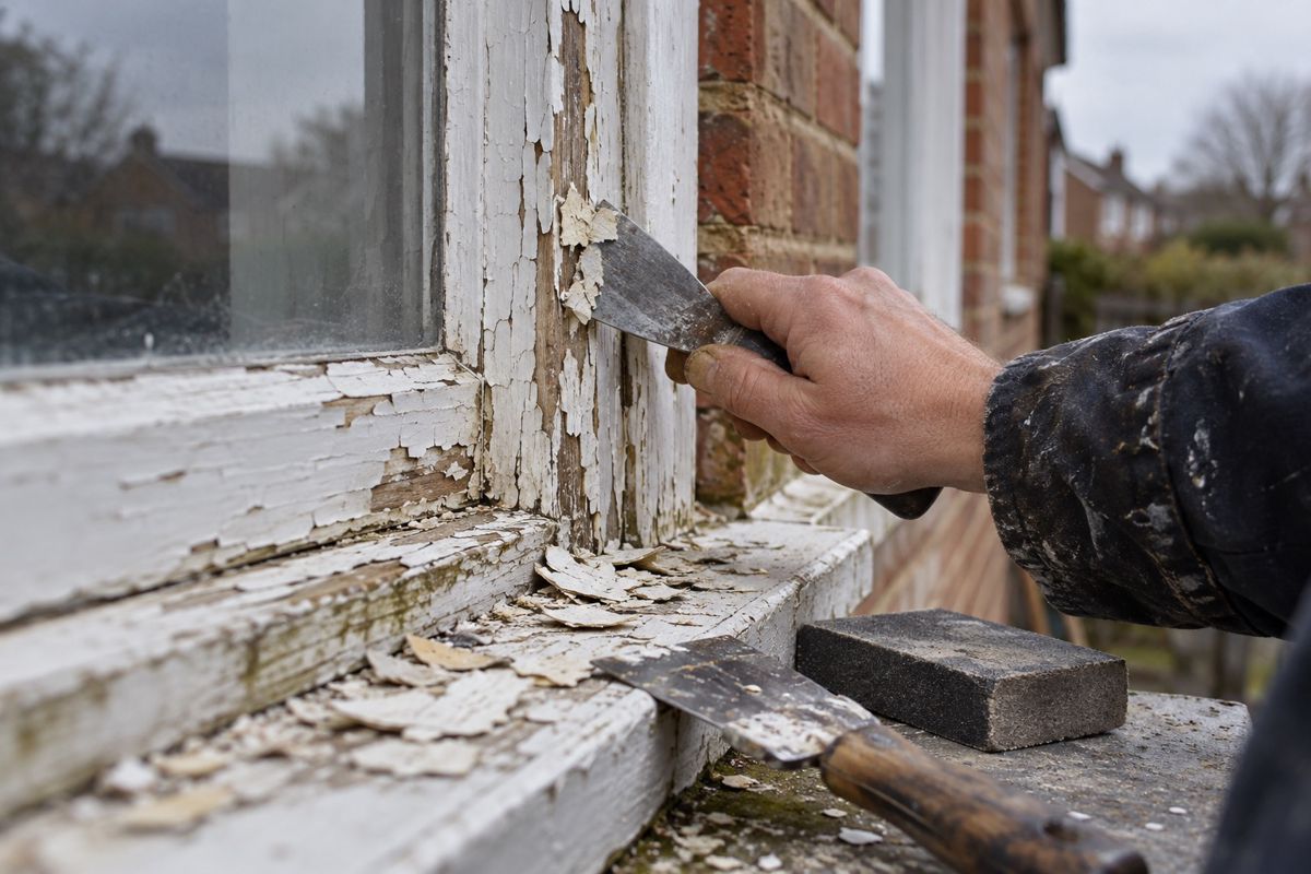 Hand scraping flaking paint from a timber window frame before repainting
