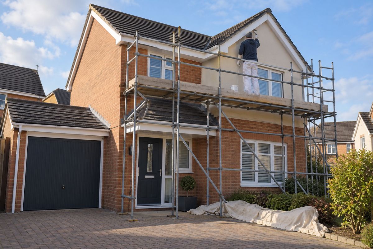 Painter on scaffolding brushing a fascia board on a two-storey house