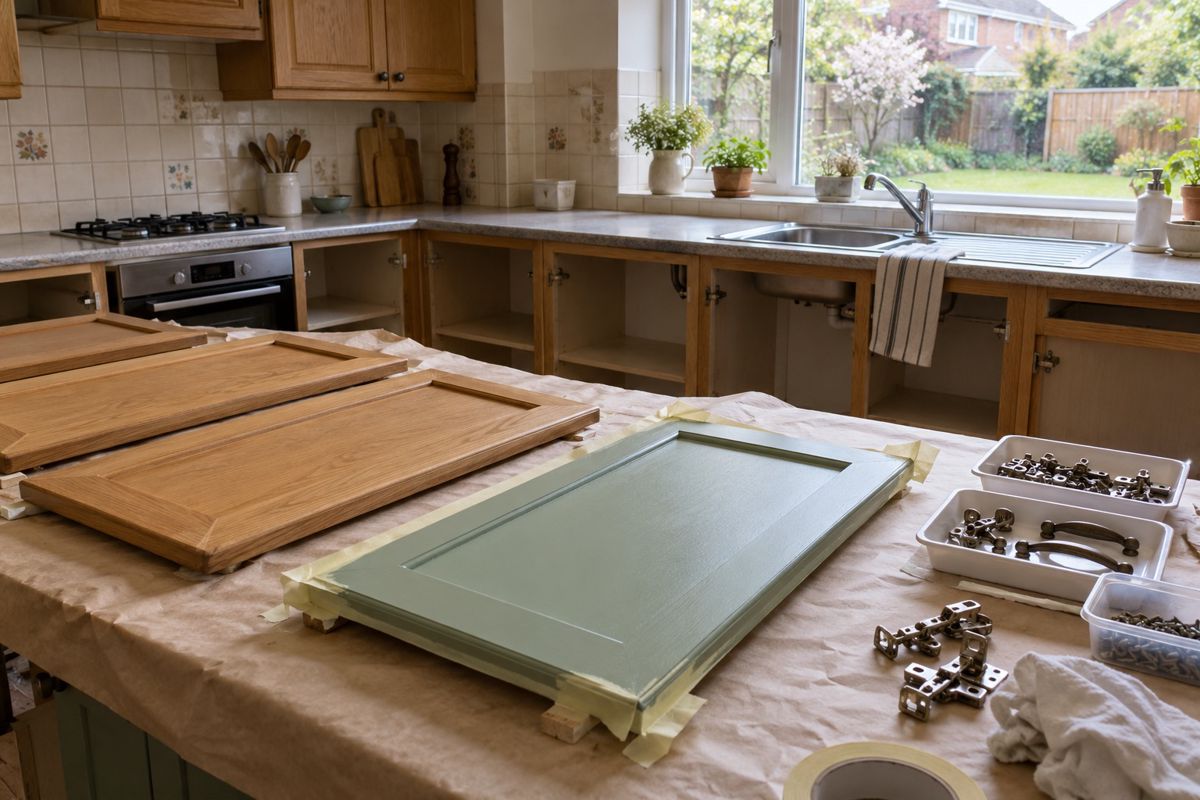 Kitchen cabinet doors being sprayed sage green with masking on the worktop