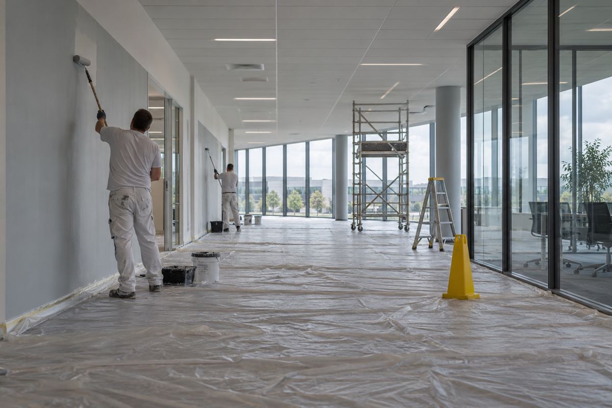 Painters rolling a pale grey wall in an empty office corridor