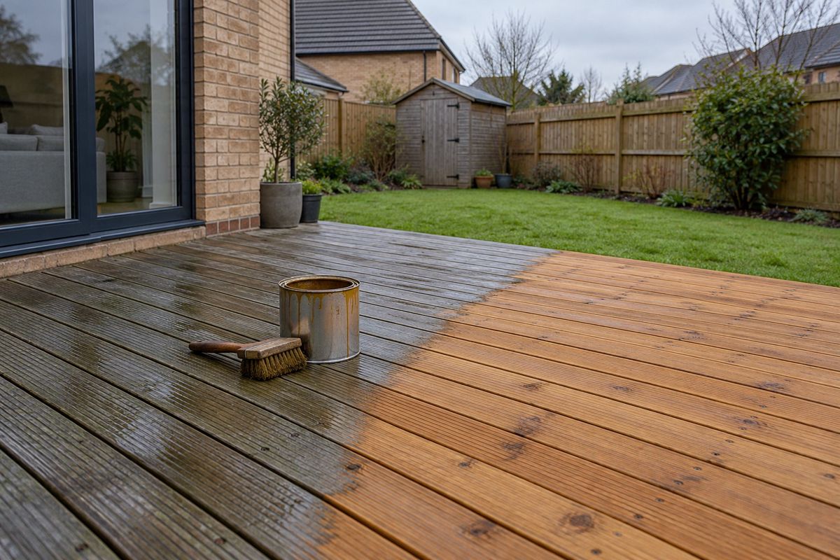 Garden decking half stained in warm oak and half still weathered grey
