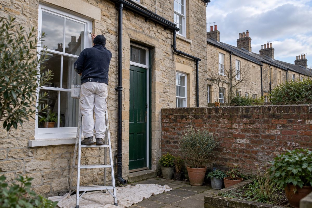 Painter brushing a sash window frame on a stone Victorian terrace