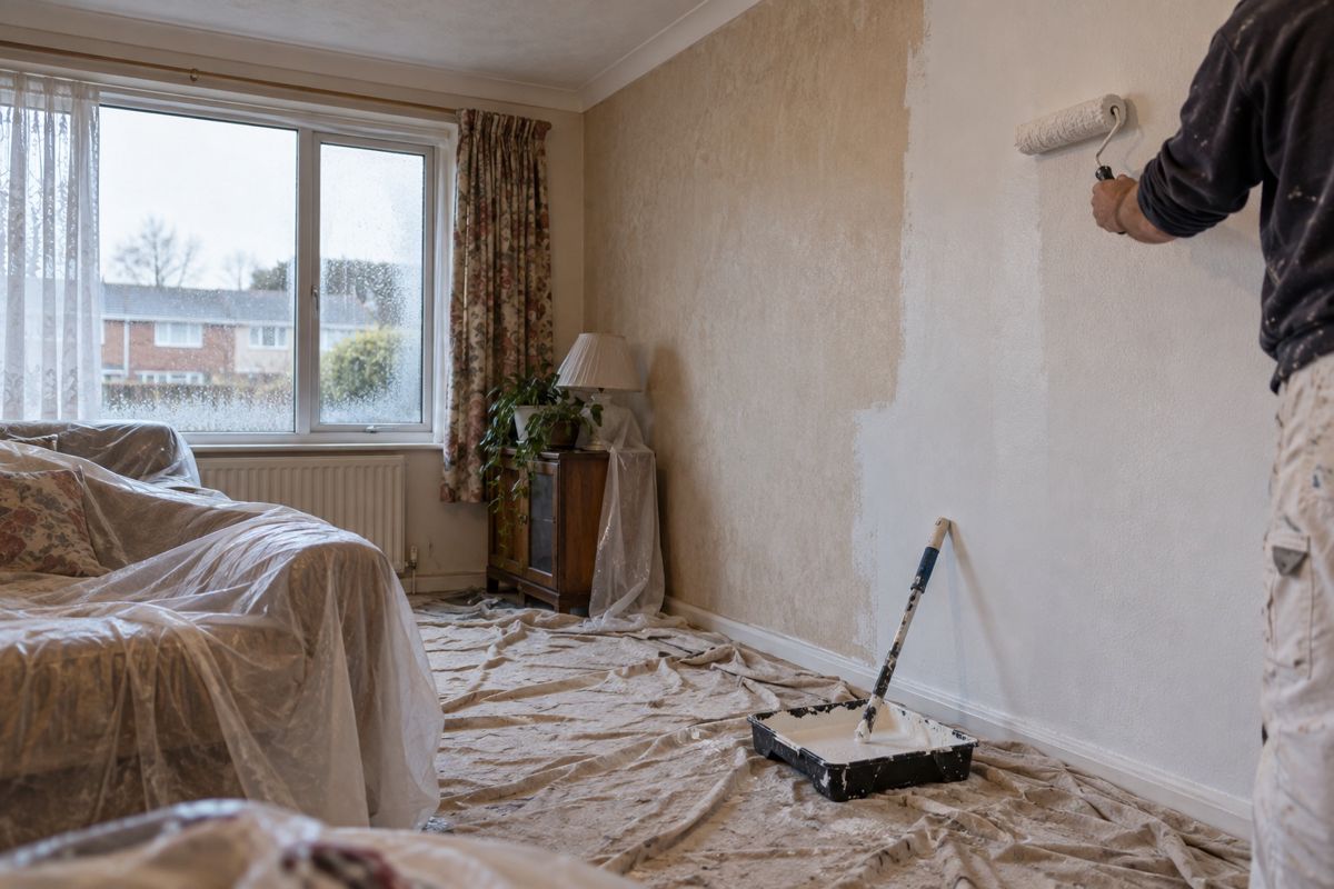 Half-painted living room wall in an estate house with a roller and dust sheets